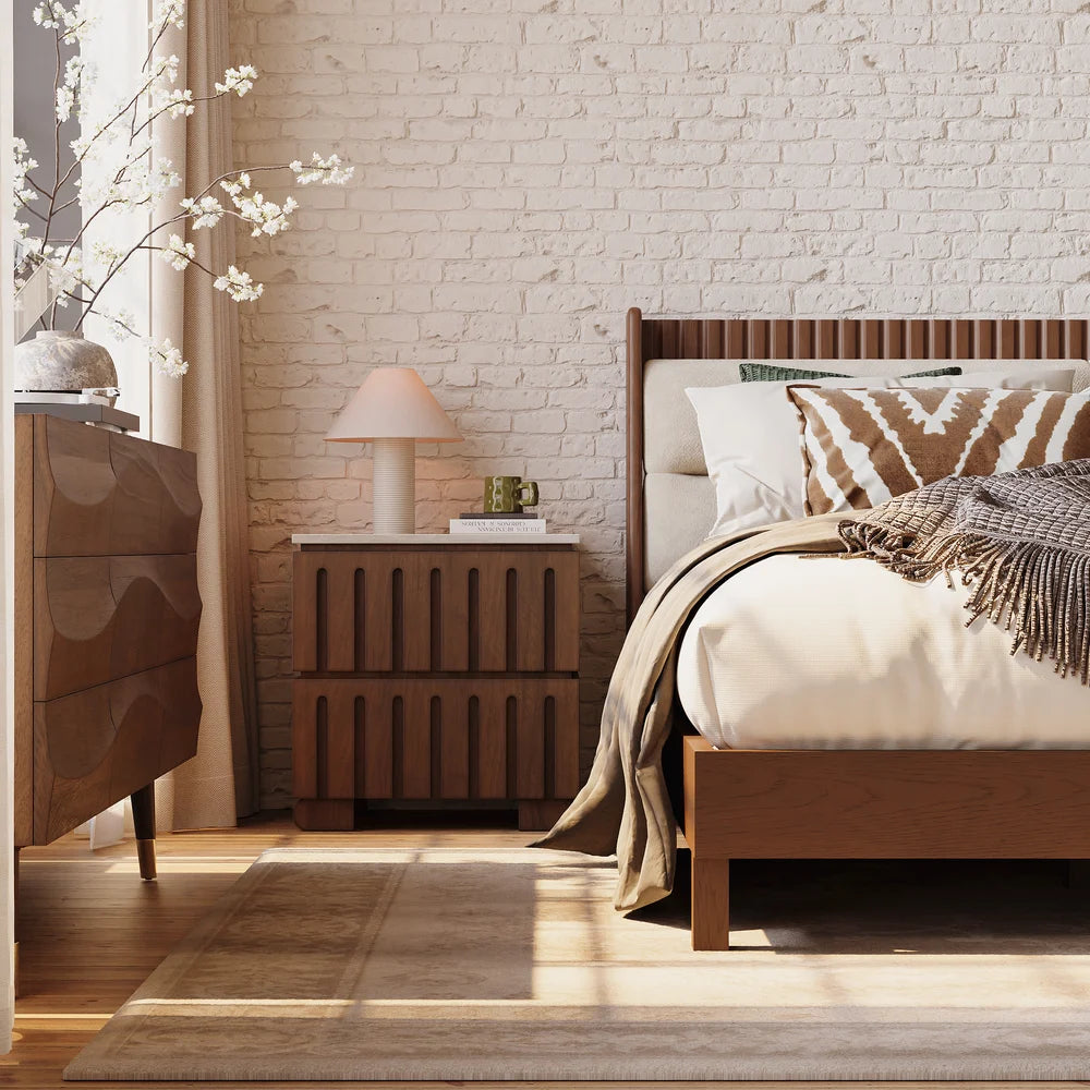 Modern Walnut Frame Bed In Suede