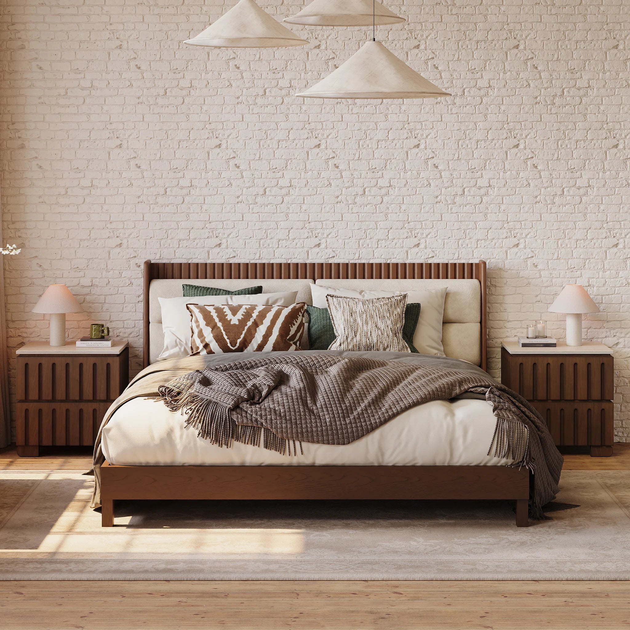 Modern Walnut Frame Bed In Suede