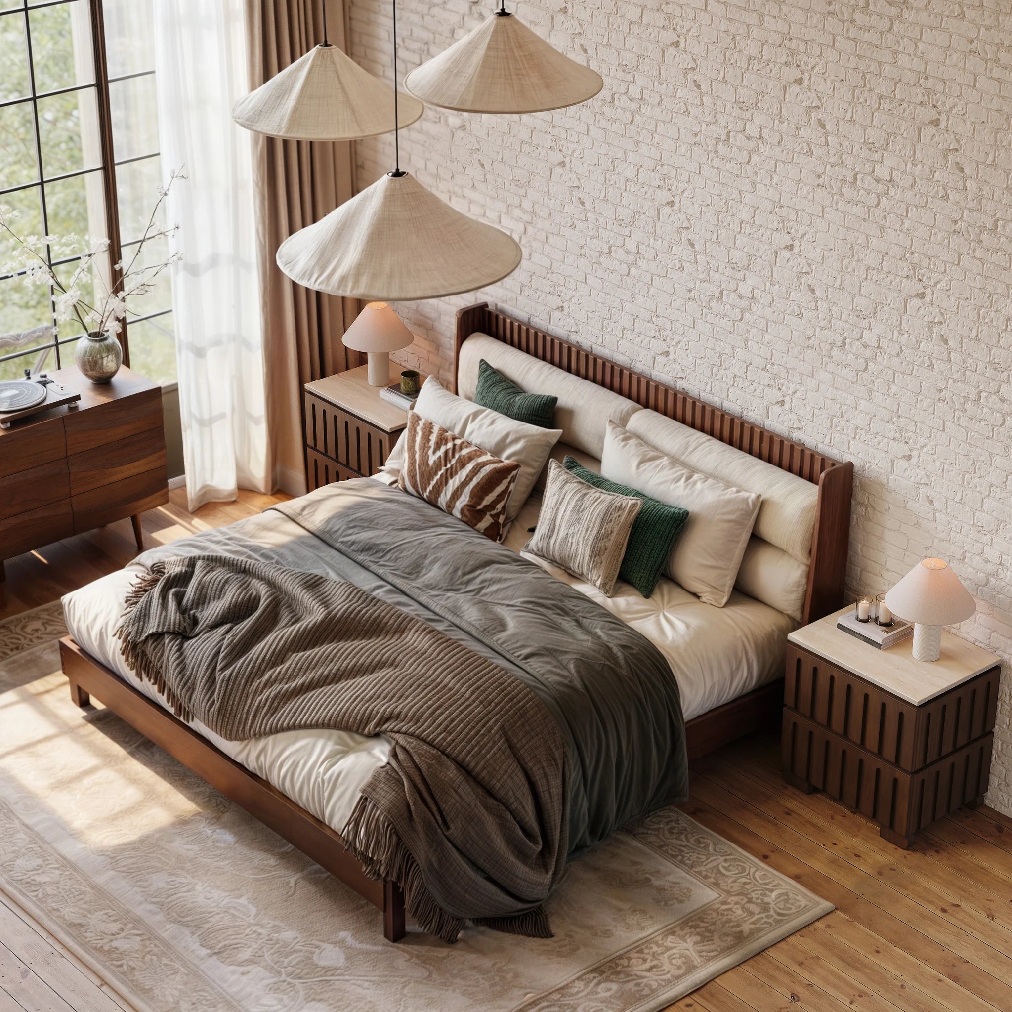 Modern Walnut Frame Bed In Suede