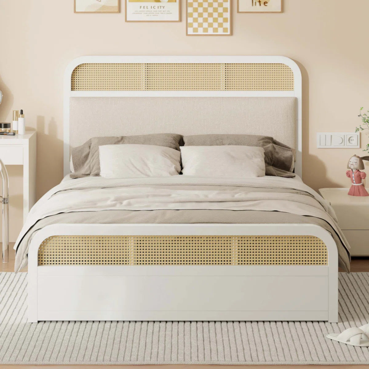 Cane Mid Century Wooden Bed With Drawer Storage