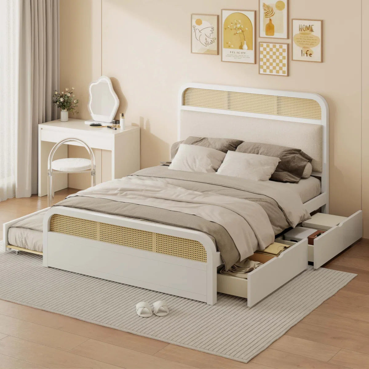 Cane Mid Century Wooden Bed With Drawer Storage