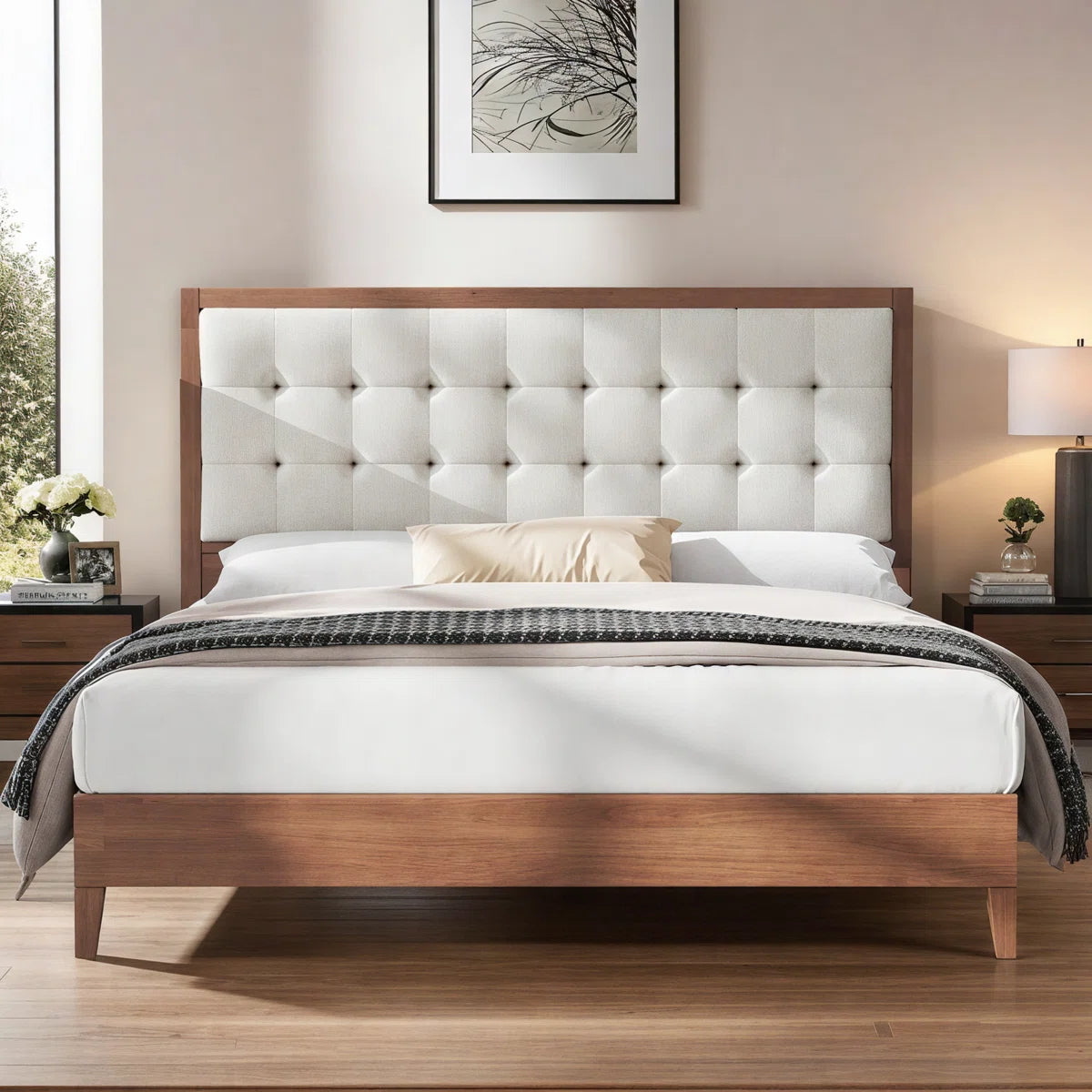 Straight Quilt Wooden Bed Without Storage