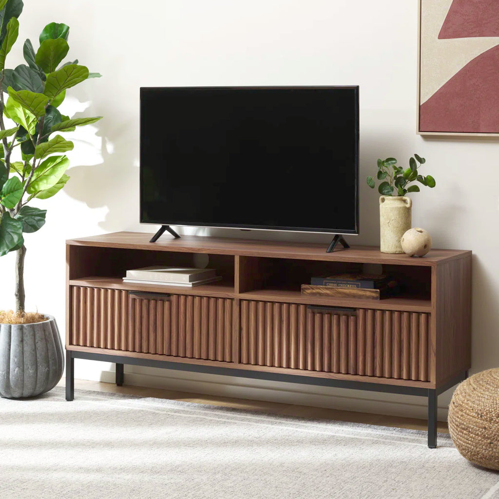 Wooden Flutted Tv Unit In Walnut Finish